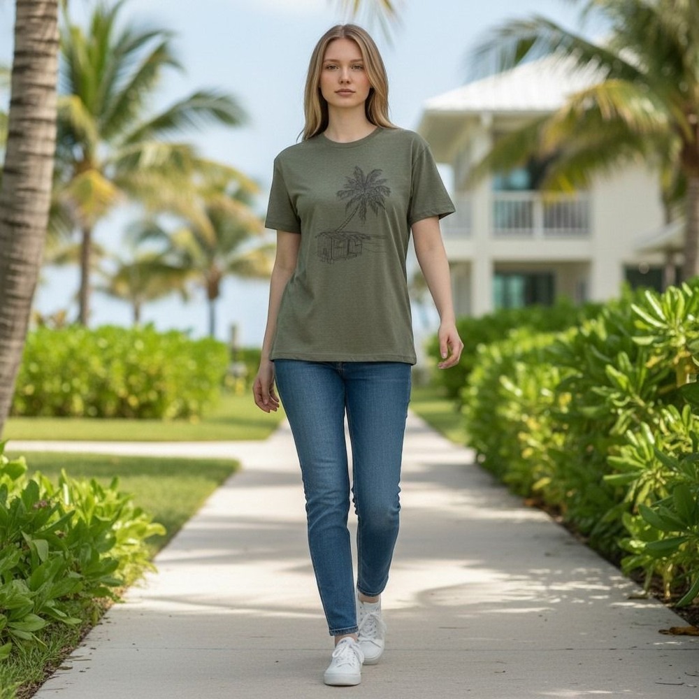 Banana Republic Premium Wash Olive Green Beach Hut Graphic T-Shirt XL